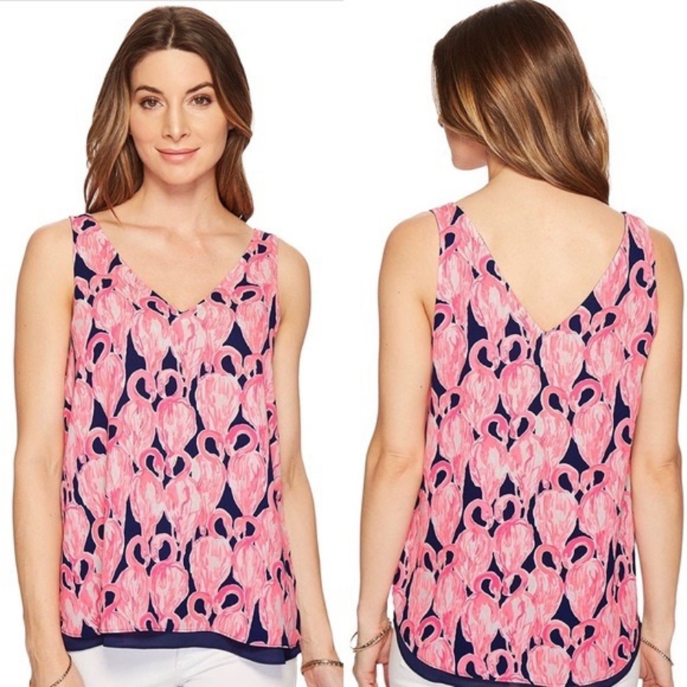 LILLY PULITZER neon pink flamingos dressy tank reversible to navy medium